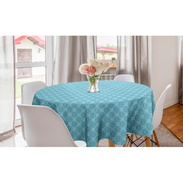 Abakuhaus Tovaglia Rotonda Mandala, Simboli Cosmici Orientali, Tovaglia Circolare Per Sala Da Pranzo, Decorazione Cucina, 150 Cm, Verde Acqua Scuro E Azzurro-image