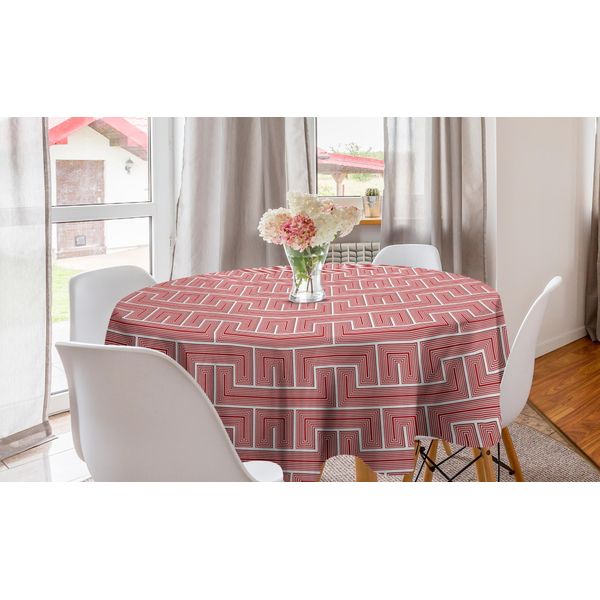 Abakuhaus Tovaglia Geometrica Rotonda, Linee Mosaico BohéMien, Tovaglia Circolare Per Sala Da Pranzo, Decorazione Cucina, 150 Cm, Rosa Scuro E Bianco-image