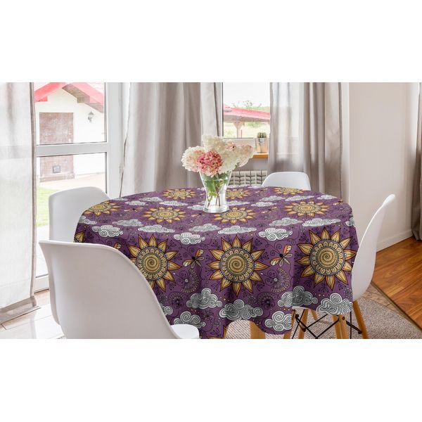 Abakuhaus Tovaglia Rotonda Astratta, Zipfel Petal Sun Icon Rays, Tovaglia Circolare Per Sala Da Pranzo, Decorazione Cucina, 150 Cm, Melanzana Chiaro E Multicolore-image
