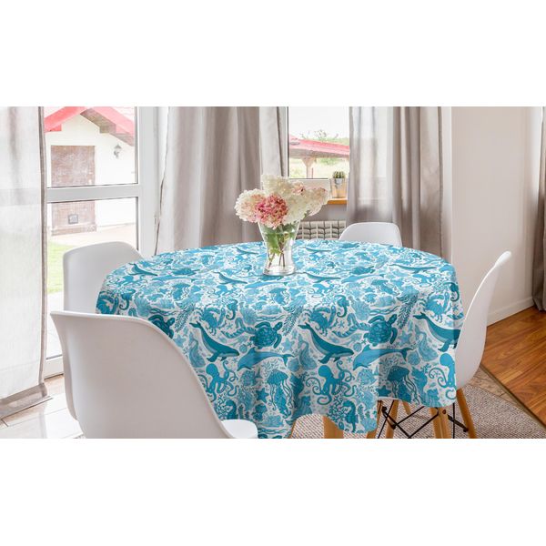 Abakuhaus Tovaglia Rotonda Con Balene, Creature Acquatiche Sottomarine, Tovaglia Circolare Per Sala Da Pranzo, Decorazione Per Cucina, 150 Cm, Blu Mare E Blu Cielo-image