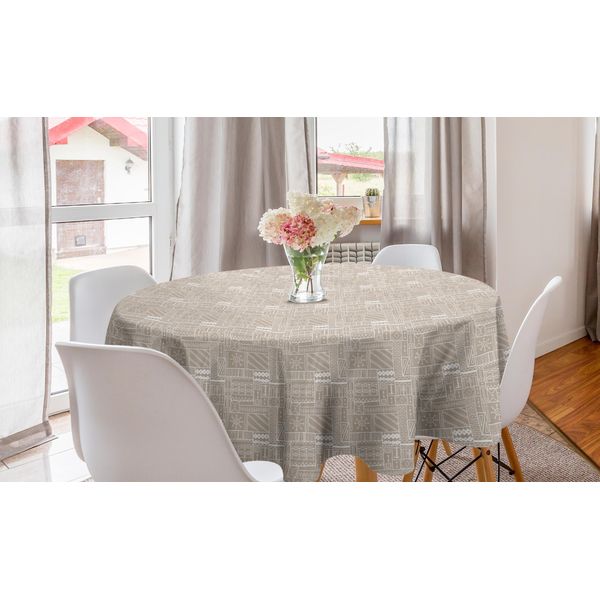 Abakuhaus Tradizionale Tovaglia Rotonda, Motivi Tribali Neutri, Tovaglia Circolare Per Sala Da Pranzo, Decorazione Cucina, 150 Cm, Seppia Chiaro E Bianco-image