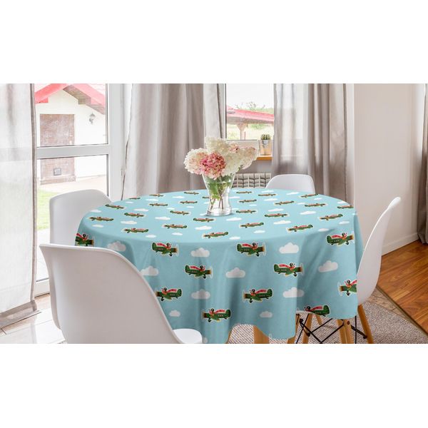 Abakuhaus Tovaglia Rotonda Con Aeroplani, Doggies Driving Aeroplani, Tovaglia Rotonda Per Sala Da Pranzo E Decorazione Della Cucina, 150 Cm, Verde Oliva E Azzurro Pallido-image