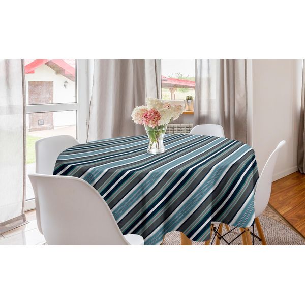 Abakuhaus Tovaglia Rotonda A Righe, Grigio E Blu Diagonale, Tovaglia Circolare Per Sala Da Pranzo, Decorazione Cucina, 150 Cm, Bianco Grigio Blu Navy-image