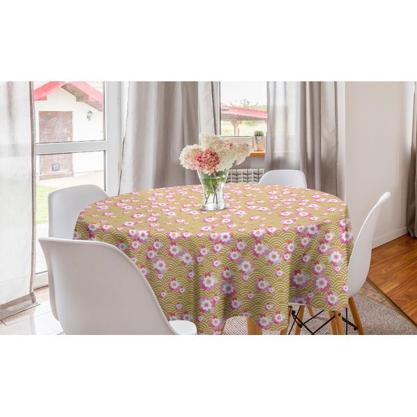 Abakuhaus Giapponese Tovaglia Rotonda, Fiori Di Ciliegio, Tovaglia Circolare Per Sala Da Pranzo, Decorazione Cucina, 150 Cm, Sabbia Marrone Rosa Bianco-image