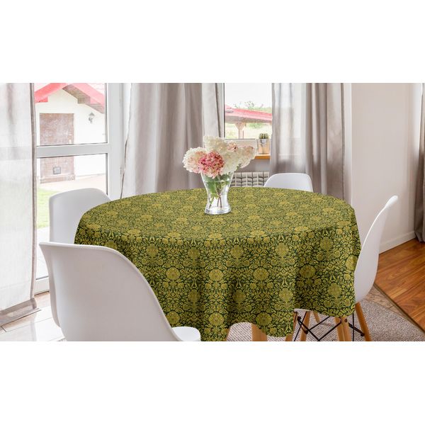 Abakuhaus Tovaglia Rotonda Con Motivi Floreali, Motivo Floreale Barocco, Tovaglia Circolare Per Sala Da Pranzo, Decorazione Per Cucina, 150 Cm, Verde Terra Giallo-image