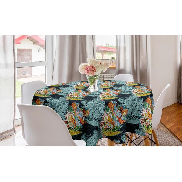 Abakuhaus Tovaglia Rotonda Paisley, Motivi Orientali, Tovaglia Circolare Per Sala Da Pranzo, Decorazione Cucina, 150 Cm, Blu E Arancione-image