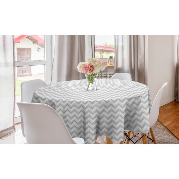 Abakuhaus Tovaglia Rotonda Astratta, Motivo A Zig Zag Chevron, Tovaglia Circolare Per Sala Da Pranzo, Decorazione Cucina, 150 Cm, Grigio Chiaro Bianco-image