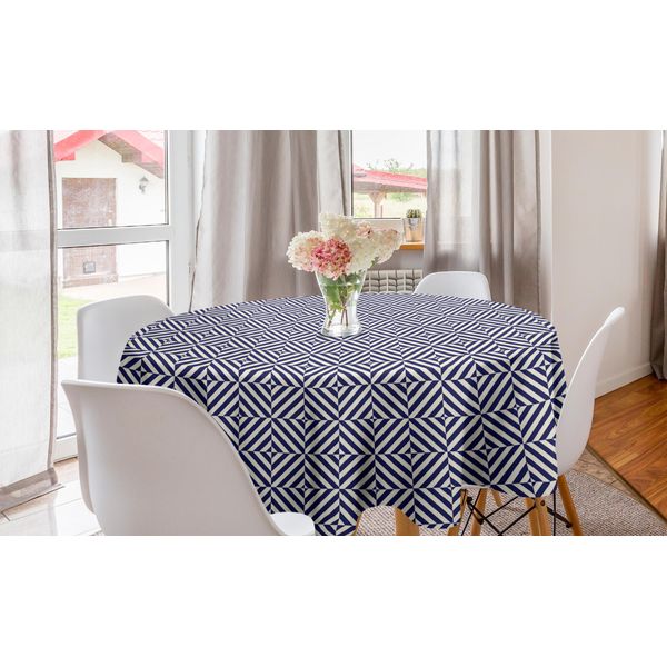 Abakuhaus Tovaglia Geometrica Rotonda, Motivo Simmetrico, Tovaglia Circolare Per Sala Da Pranzo, Decorazione Cucina, 150 Cm, Azzurro Pallido Blu Scuro-image