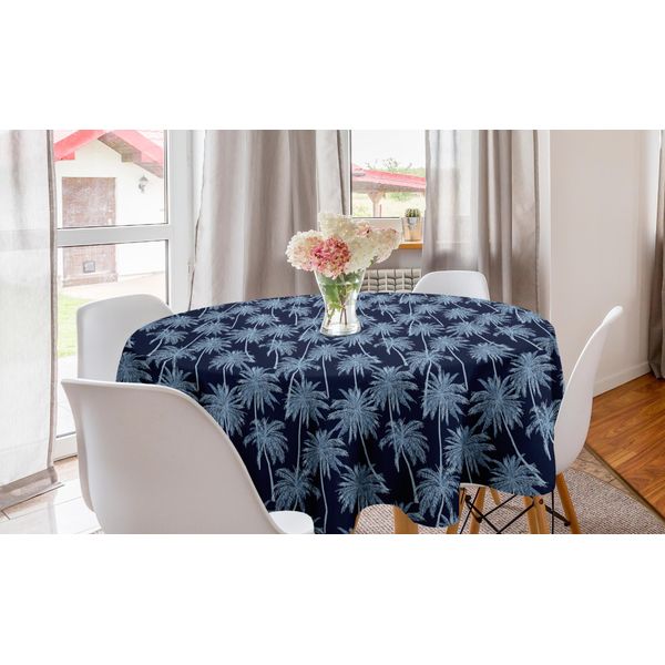 Abakuhaus Tovaglia Rotonda Blu Navy, Motivo Palme, Tovaglia Circolare Per Sala Da Pranzo E Decorazione Cucina, 150 Cm, Indaco Pallido Verde Acqua-image