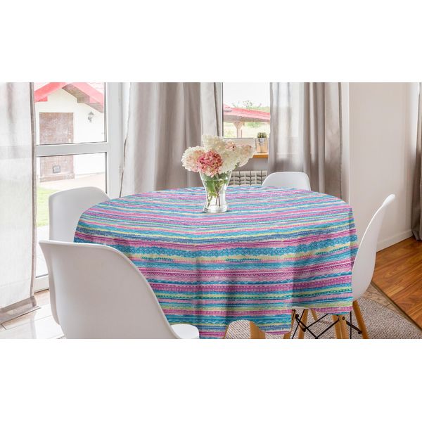 Abakuhaus Tovaglia Rotonda Tribale, Strisce Azteche Acquerellate, Tovaglia Circolare Per Sala Da Pranzo E Decorazione Della Cucina, 150 Cm, Blu Rosa Crema-image