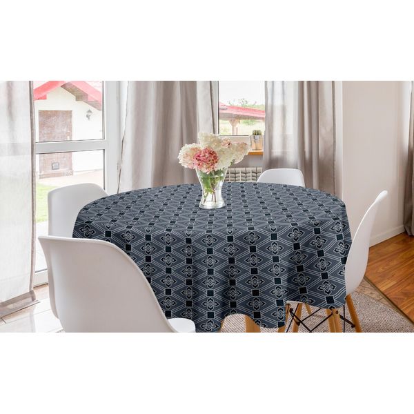 Abakuhaus Giapponese Tovaglia Rotonda, Linea Diamante Floreale, Tovaglia Circolare Per Sala Da Pranzo, Decorazione Cucina, 150 Cm, Grigio Antracite Blu Scuro-image