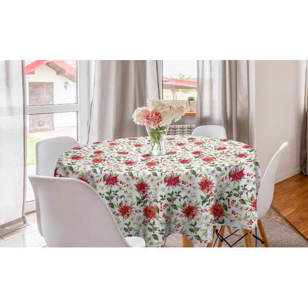Abakuhaus Tovaglia Rotonda Con Motivi Floreali, Boccioli Natalizi, Tovaglia Circolare Per Decorare La Sala Da Pranzo E La Cucina, 150 Cm, Rosa-Verde-Bianco-image