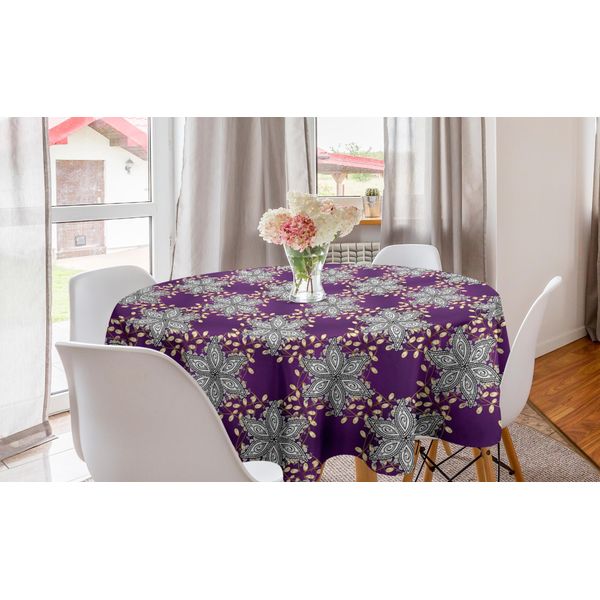 Abakuhaus Tovaglia Rotonda Marocchina, Petali Di Fiori Vintage, Tovaglia Circolare Per Sala Da Pranzo, Decorazione Cucina, 150 Cm, Giallo Terra E Viola-image