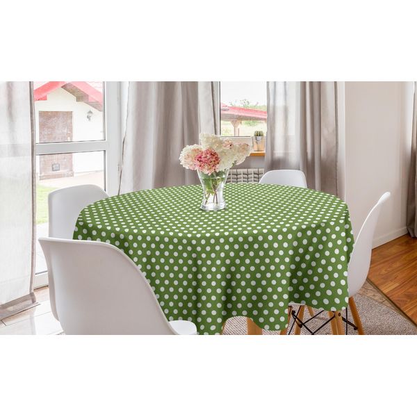 Abakuhaus Tovaglia Rotonda Verde, Bianco A Pois Semplici, Tovaglia Circolare Per Sala Da Pranzo, Decorazione Cucina, 150 Cm, Verde Oliva E Bianco-image