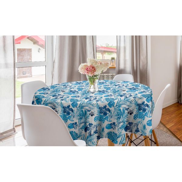 Abakuhaus Tovaglia Rotonda, Fiori Hawaiani E Palme, Tovaglia Circolare Per Sala Da Pranzo E Cucina, 150 Cm, Blu Scuro E Viola-image