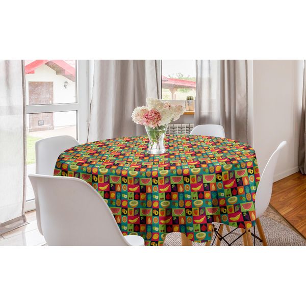 Abakuhaus Tovaglia Rotonda Retrò, Pop Art Grunge Frutta, Tovaglia Circolare Per Sala Da Pranzo, Decorazione Cucina, 150 Cm, Multicolore-image