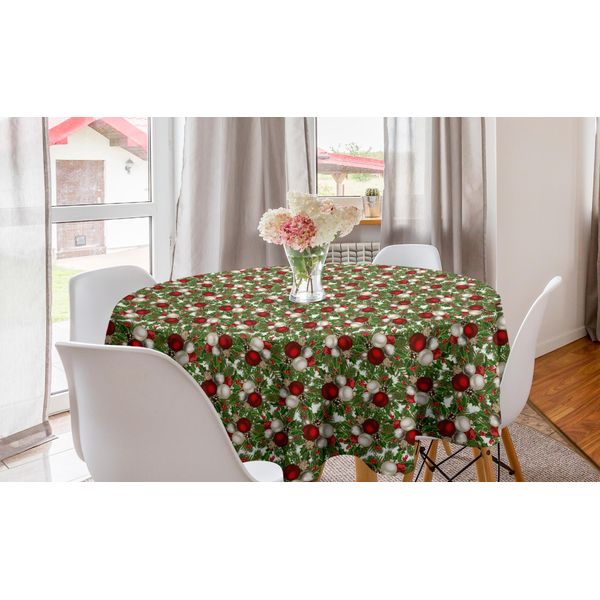 Abakuhaus Tovaglia Rotonda Natalizia, Palline Agrifoglio, Tovaglia Circolare Per Sala Da Pranzo, Decorazione Cucina, 150 Cm, Rosso, Verde, Grigio-image