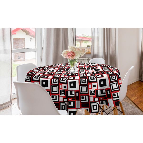 Abakuhaus Tovaglia Rotonda Astratta, Minimalista Retrò, Tovaglia Circolare Per Sala Da Pranzo, Decorazione Cucina, 150 Cm, Vermiglio, Nero E Bianco-image