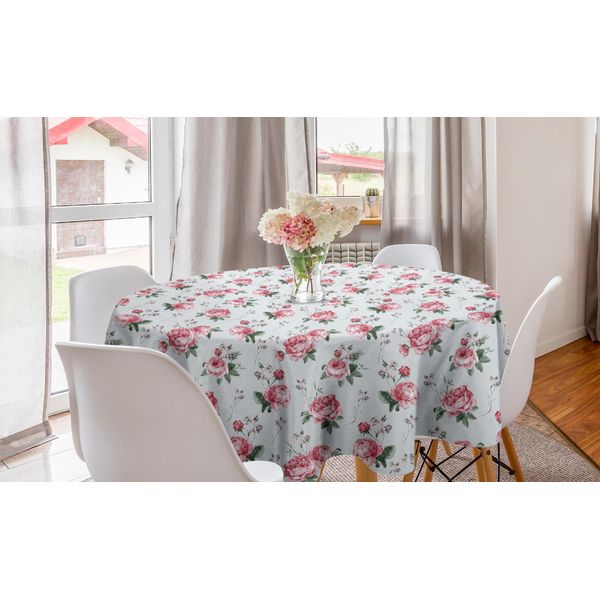 Abakuhaus Tovaglia Rotonda Rosa, Fiori Rosa Inglese Flora, Tovaglia Rotonda Per Sala Da Pranzo, Decorazione Cucina, 150 Cm, Verde Reseda-Rosa-image