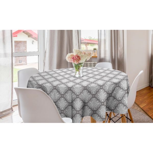 Abakuhaus Tovaglia Rotonda Con Motivi Floreali, Damasco Classico Rococò, Tovaglia Circolare Per Sala Da Pranzo, Decorazione Per Cucina, 150 Cm, Grigio Chiaro Bianco-image