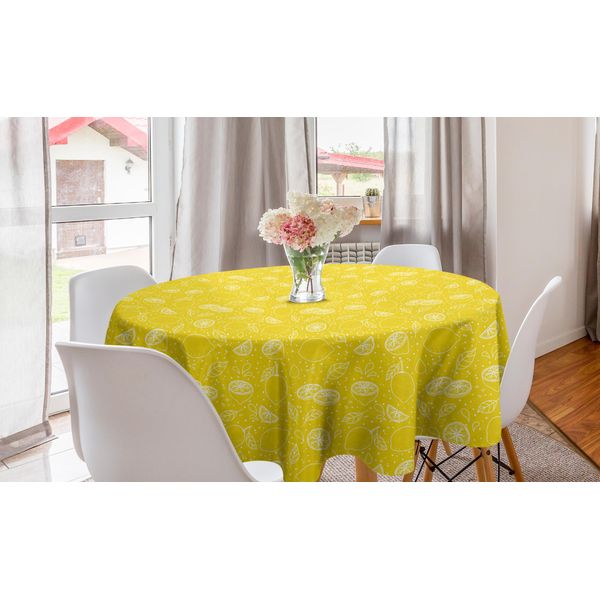 Abakuhaus Tovaglia Rotonda Gialla E Bianca, Motivo Limoni, Tovaglia Circolare Per Sala Da Pranzo, Decorazione Cucina, 150 Cm, Giallo Bianco-image