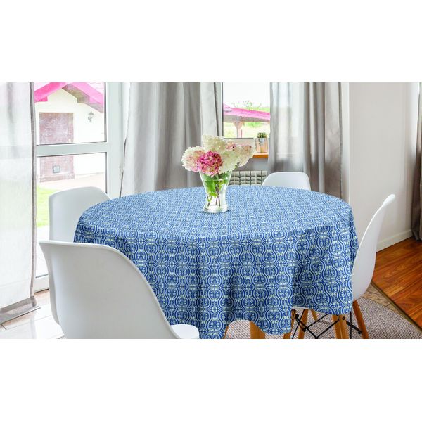 Abakuhaus Tovaglia Rotonda In Damasco, Fiori Antichi Simmetrici, Tovaglia Circolare Per Sala Da Pranzo, Decorazione Per Cucina, 150 Cm, Blu Ardesia Avorio-image