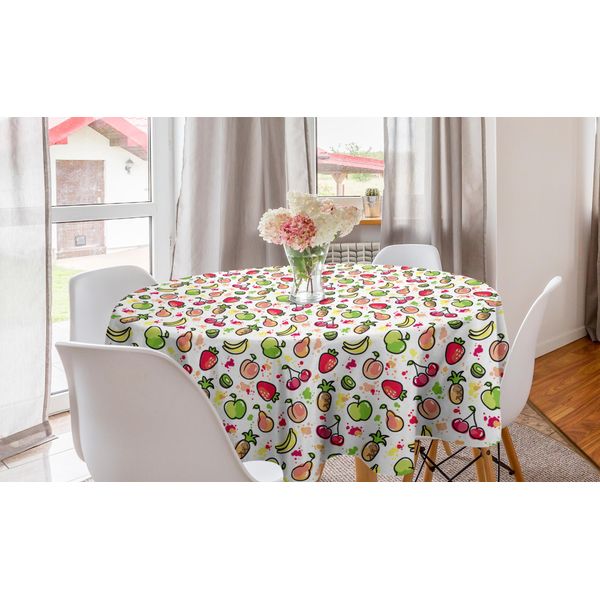 Abakuhaus Tovaglia Rotonda Con Motivi Fruttati, Pera Acquerellata, Tovaglia Circolare Per Sala Da Pranzo, Decorazione Cucina, 150 Cm, Pesca, Lime, Verde, Rosso-image