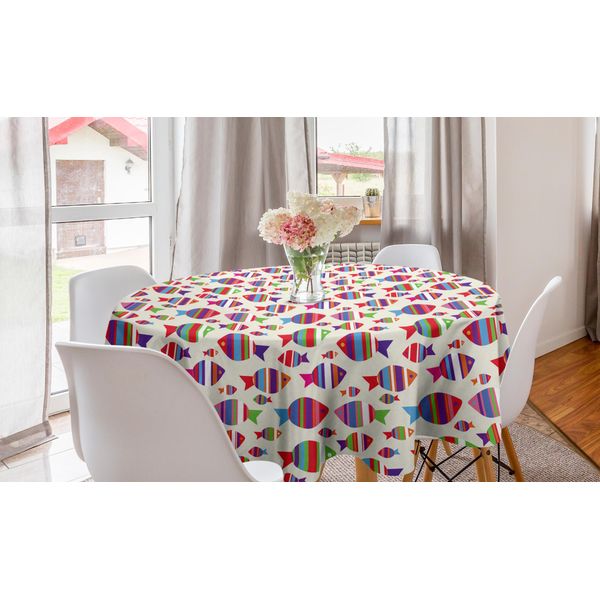 Abakuhaus Tovaglia Rotonda Con Pesci, Pesci A Strisce Vivaci, Tovaglia Circolare Per Sala Da Pranzo, Decorazione Per Cucina, 150 Cm, Multicolore-image