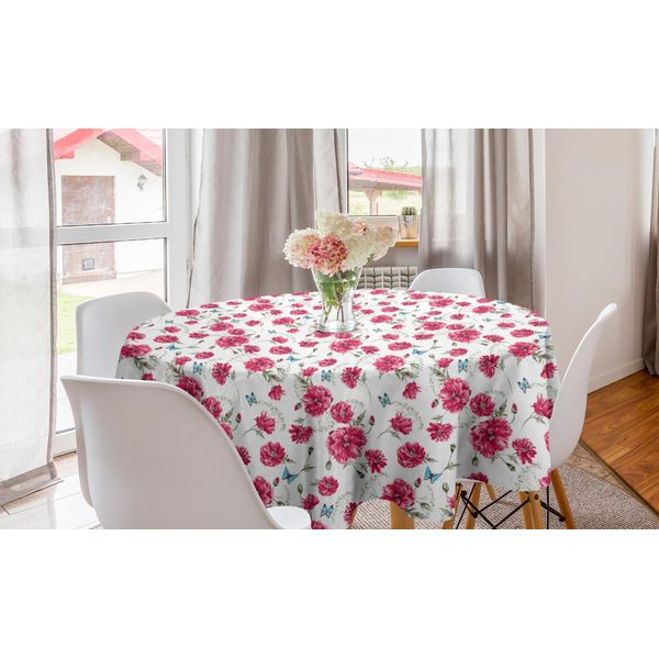 Abakuhaus Tovaglia Rotonda Butterfly, Fiori Poppy Flora, Tovaglia Circolare Per Sala Da Pranzo, Decorazione Cucina, 150 Cm, Rosa Reseda Verde Blu-image