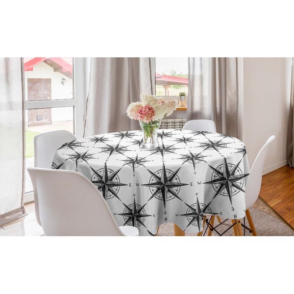 Abakuhaus Tovaglia Rotonda Con Bussola, Rosa Dei Venti Monocromatica, Tovaglia Circolare Per Sala Da Pranzo, Decorazione Per Cucina, 150 Cm, Bianco E Nero-image