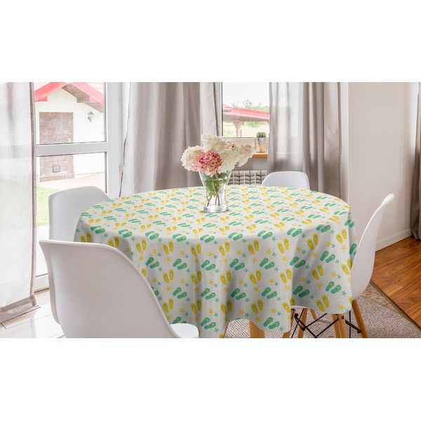 Abakuhaus Tovaglia Geometrica Rotonda, Sandali E Stelle Marine, Tovaglia Circolare Per Sala Da Pranzo, Decorazione Per Cucina, 150 Cm, Giallo Schiuma Di Mare E Bianco-image
