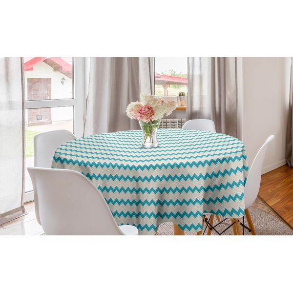 Abakuhaus Tovaglia Rotonda Color Verde Acqua, Motivo Chevron Classico A Zig Zag, Tovaglia Circolare Per Sala Da Pranzo E Cucina, 150 Cm, Color Crema E Verde Acqua-image