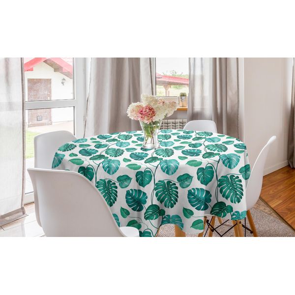Abakuhaus Tovaglia Rotonda Con Foglie Verdi, Foglie Della Foresta Pluviale, Tovaglia Circolare Per Sala Da Pranzo, Decorazione Per Cucina, 150 Cm, Verde Mare Verde Acqua Bianco-image