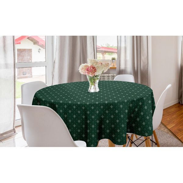 Abakuhaus Fleur De Lis Tovaglia Rotonda, Tovaglia Barocca, Tovaglia Circolare Per Sala Da Pranzo, Decorazione Cucina, 150 Cm, Verde Cacciatore E Saggio-image