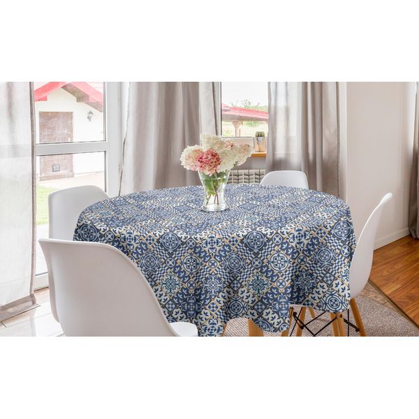 Abakuhaus Tovaglia Rotonda Marocchina, Oriental Rectangles, Tovaglia Circolare Per Sala Da Pranzo Decorazione Cucina, 150 Cm, Blu Arancione Bianco-image