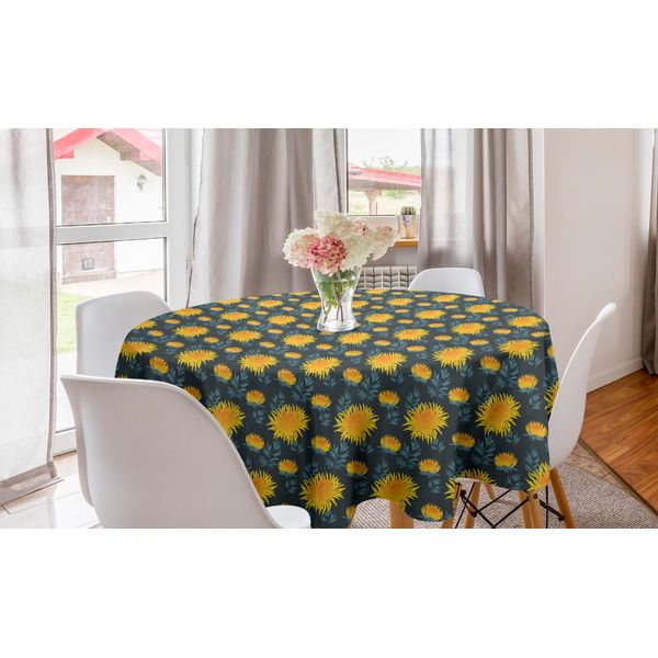 Abakuhaus Tovaglia Rotonda Con Motivi Floreali, Crisantemi Gialli, Tovaglia Circolare Per Sala Da Pranzo, Decorazione Per Cucina, 150 Cm, Grigio Antracite Arancione-image