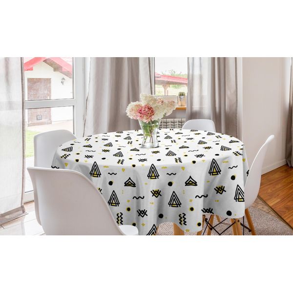 Abakuhaus Tovaglia Rotonda Tribale, Motivo A Strisce Curve, Tovaglia Circolare Per Sala Da Pranzo E Cucina, 150 Cm, Giallo, Nero E Bianco-image