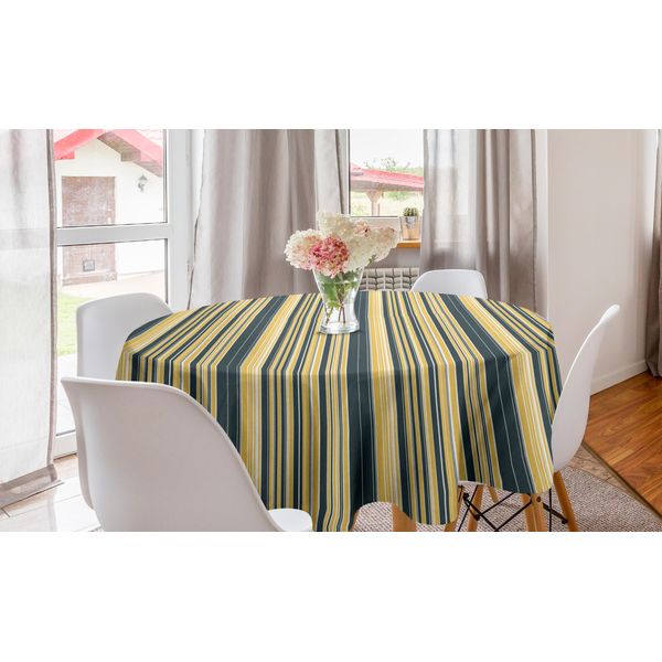 Abakuhaus Tovaglia Geometrica Rotonda, Linee Verticali Retrò, Tovaglia Circolare Per Sala Da Pranzo, Decorazione Cucina, 150 Cm, Blu Scuro, Grigio, Giallo-image
