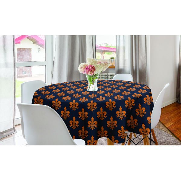 Abakuhaus Tovaglia Rotonda Fleur De Lis, Stile Gotico Vittoriano, Tovaglia Circolare Per Sala Da Pranzo E Cucina, 150 Cm, Blu Scuro E Arancione-image