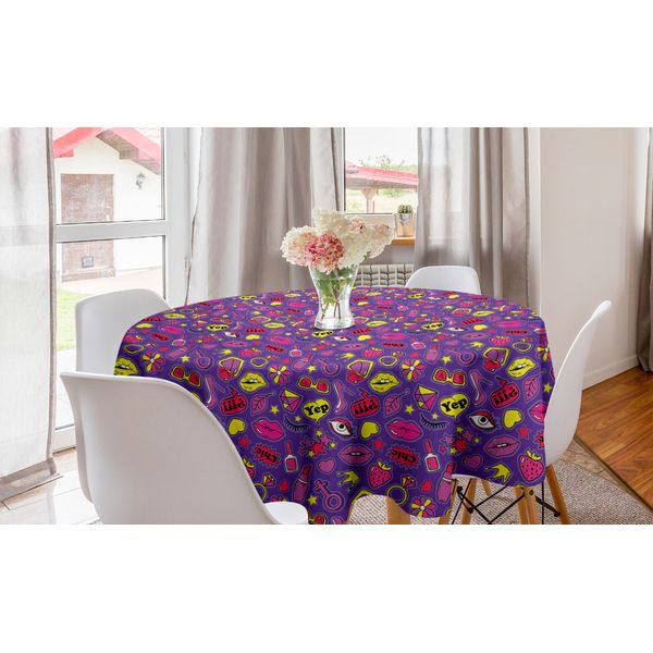 Abakuhaus Tovaglia Rotonda Con Emoticon, Fumetti Anni '90 Per Donne, Tovaglia Circolare Per Decorare La Sala Da Pranzo E La Cucina, 150 Cm, Multicolore-image