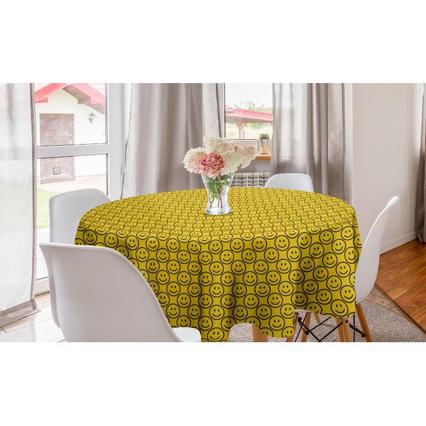 Abakuhaus Tovaglia Rotonda Con Emoticon, Facce Sorridenti Diagonali, Tovaglia Circolare Per Decorare La Sala Da Pranzo E La Cucina, 150 Cm, Verde Militare Scuro E Giallo-image