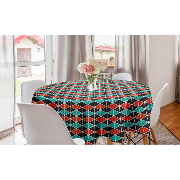 Abakuhaus Tovaglia Geometrica Rotonda, Triangoli Esagoni, Tovaglia Circolare Per Sala Da Pranzo, Decorazione Cucina, 150 Cm, Corallo Scuro Verde Mare-image