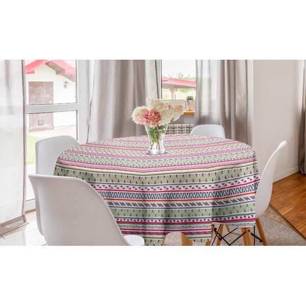 Abakuhaus Tovaglia Rotonda Tribale, Strisce Astratte, Tovaglia Circolare Per Sala Da Pranzo, Decorazione Cucina, 150 Cm, Corallo Scuro E Azzurro Pallido-image