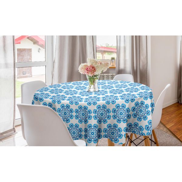 Abakuhaus Tovaglia Rotonda Etnica, Motivo Floreale Polacco, Tovaglia Circolare Per Sala Da Pranzo, Decorazione Per Cucina, 150 Cm, Blu E Blu Scuro-image