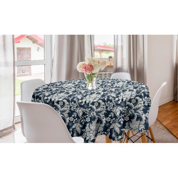 Abakuhaus Tovaglia Rotonda Asiatica, Oriental Eastern Flowers, Tovaglia Circolare Per Sala Da Pranzo, Decorazione Cucina, 150 Cm, Blu Scuro, Grigio E Beige-image