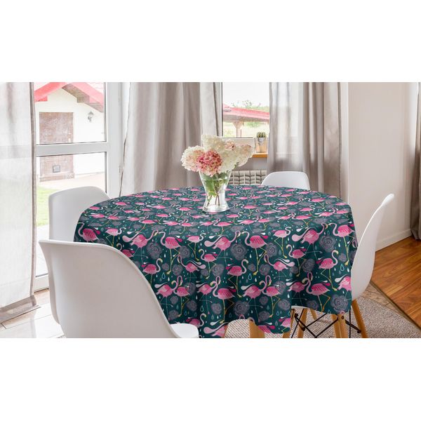 Abakuhaus Tovaglia Rotonda Flamingos, Motivo Uccelli Esotici, Tovaglia Circolare Per Sala Da Pranzo E Cucina, 150 Cm, Verde Scuro Rosa Pallido-image