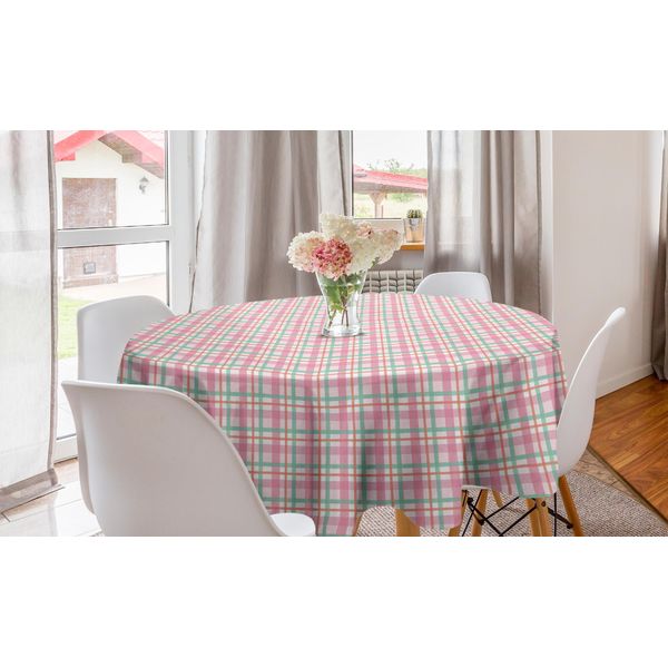 Abakuhaus Tovaglia Rotonda Astratta, Colore Pastello A Quadri, Tovaglia Circolare Per Sala Da Pranzo, Decorazione Cucina, 150 Cm, Menta Salmone Rosa Pallido-image