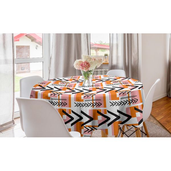 Abakuhaus Tovaglia Geometrica Rotonda, Forme Grunge, Tovaglia Circolare Per Sala Da Pranzo, Decorazione Cucina, 150 Cm, Arancione, Rosa Pallido, Nero-image
