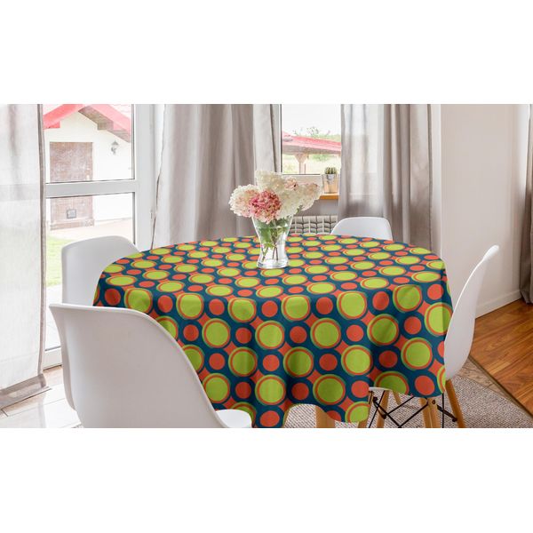 Abakuhaus Tovaglia Rotonda Retrò, Cerchi Arancioni E Verdi, Tovaglia Circolare Per Decorazione Sala Da Pranzo Cucina, 150 Cm, Giallo, Verde, Arancione-image
