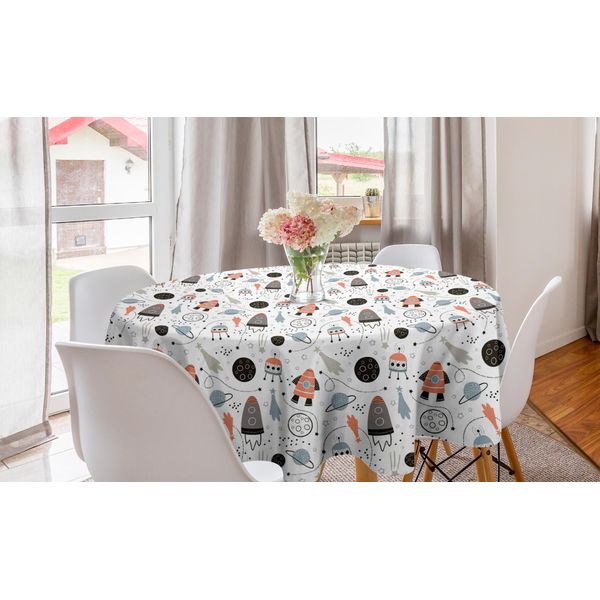 Abakuhaus Tovaglia Rotonda Per Asilo Nido, Exploring Outer Space, Tovaglia Circolare Per Sala Da Pranzo, Decorazione Per Cucina, 150 Cm, Azzurro Pallido E Nero-image